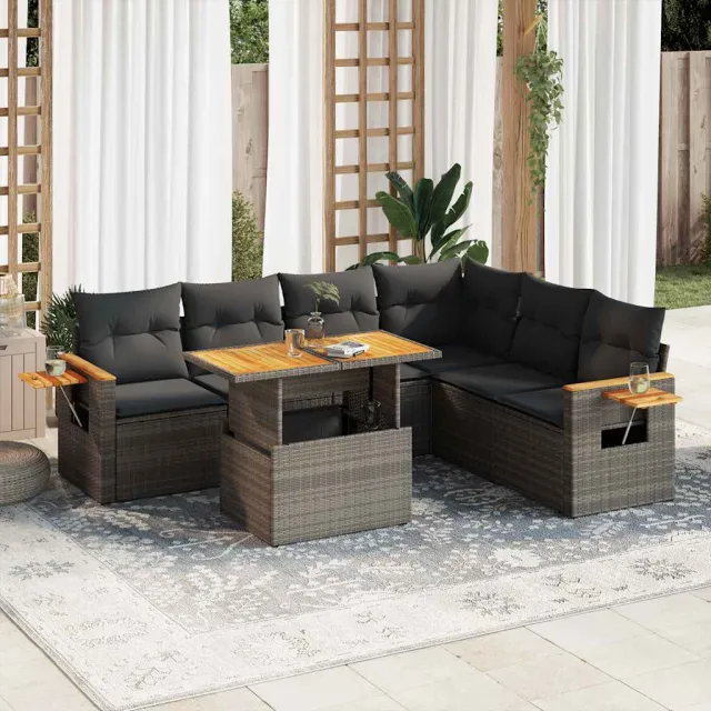 vidaXL 7-delige Loungeset met kussens poly rattan acacia grijs, foto 2