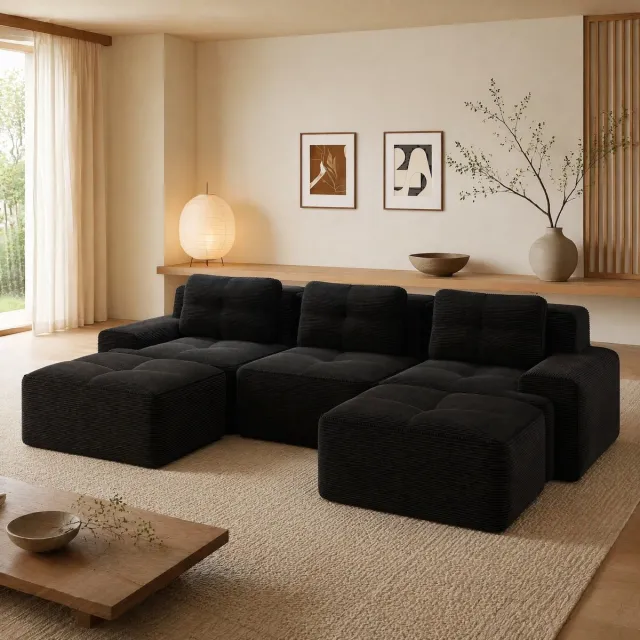 MEUNIQ U-bank modulaire bank met ottoman 293 x 177 x 69 cm, 3-zits, corduroy, diep zitcomfort, voor woonkamer, zwart