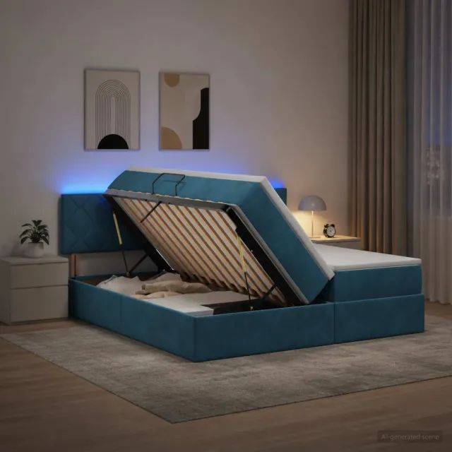 vidaXL LED Opslagbed met Matras Donkerblauw 200 x 200 cm Fluweel