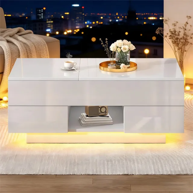 STILVORA Salontafel - In Hoogte Verstelbaar Met Opklapbaar Blad En LED - Met 2 Lades En Verborgen Opbergruimte - Spaanplaat - Wit - 100x45x43 Cm