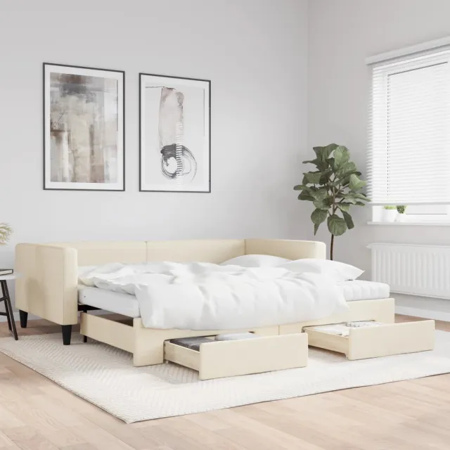 vidaXL Slaapbank met onderschuifbed en lades 100x200 cm stof crème