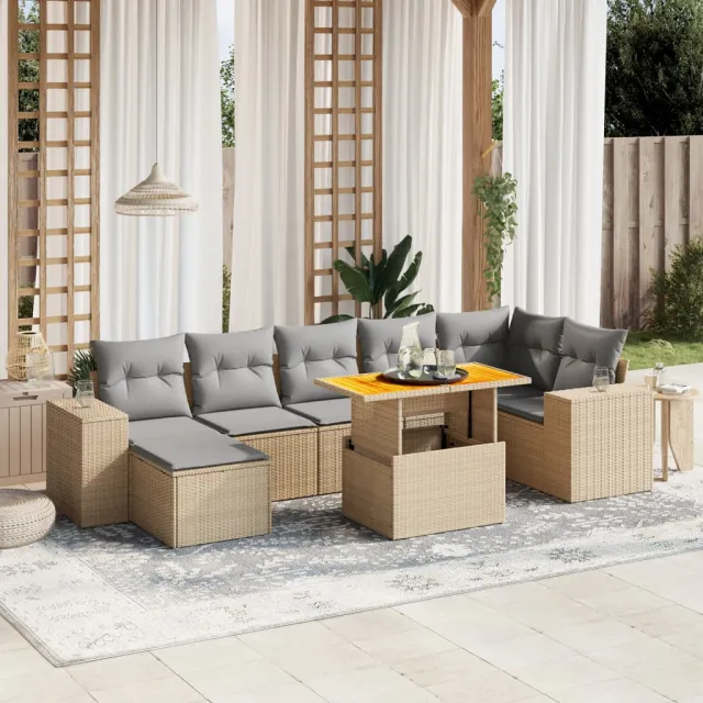 vidaXL 8-delige Loungeset met kussens poly rattan beige, foto 2