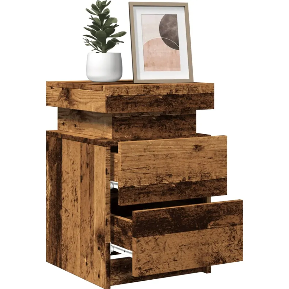 vidaXL Nachtkastjes 2 st met LED 35x39x55 cm hout oud houtkleurig bruin, foto 2