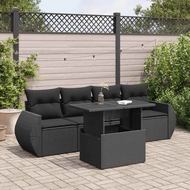 vidaXL 5-delige Loungeset met kussens poly rattan zwart, foto 2