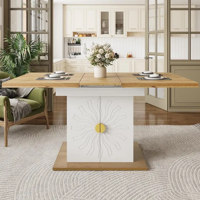 KOMHTOM BLACKCOLORS Eettafel, tafel, uitschuifbare tafel voor keuken en woonkamer, 110(140) x 70 x 76 cm, houtfineer met reliëfzon, royale opbergruimte Wit