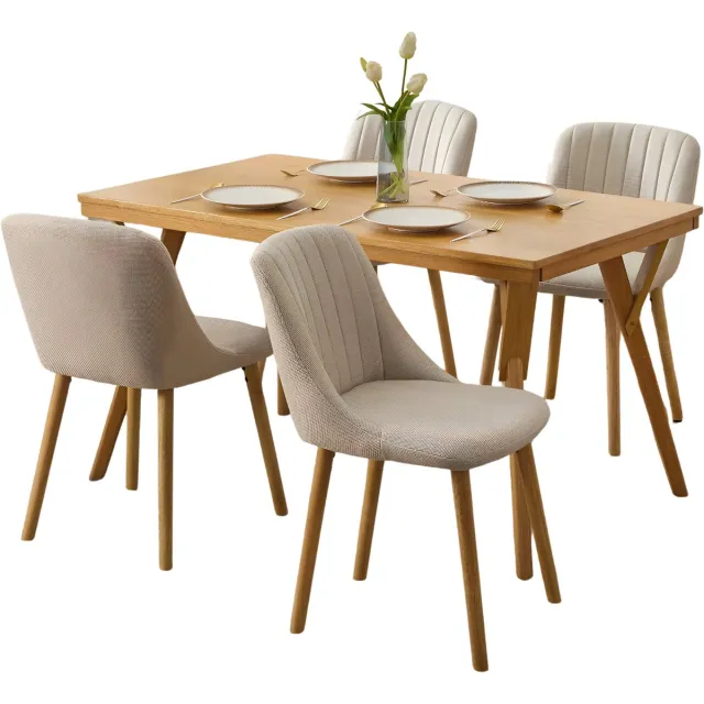 Happiq Eetkamerstoelen Set - Gestoffeerd met ergonomische rugleuning - Beige, 4 stuks, eikenhouten poten