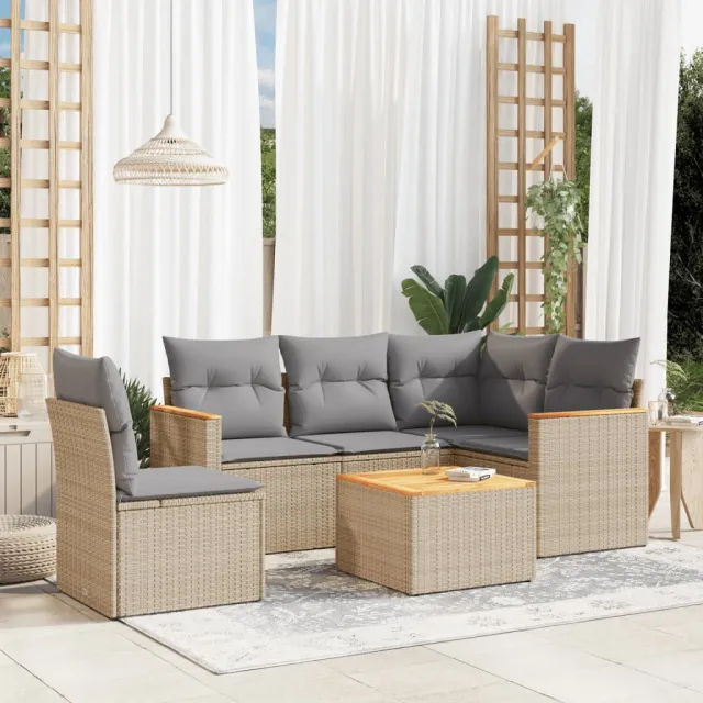 vidaXL 6-delige Loungeset met kussens poly rattan gemengd beige, foto 2