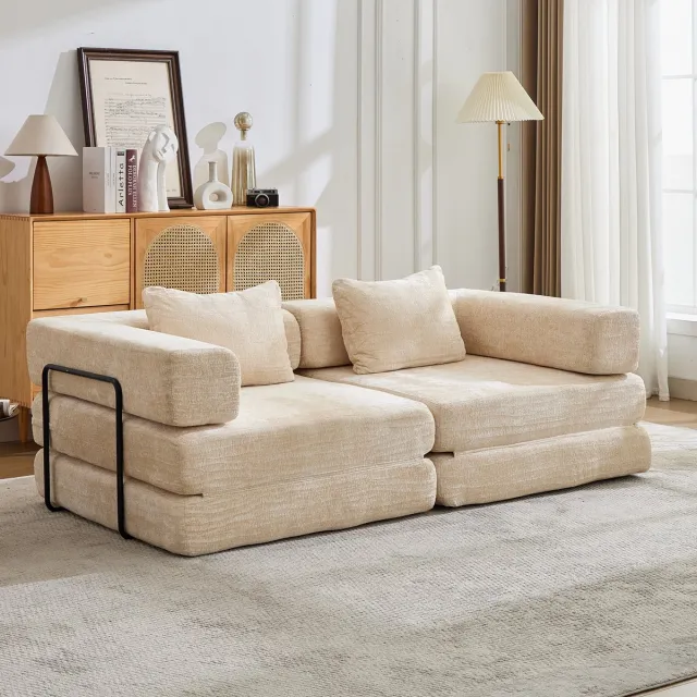 COVREO Slaapbank 200x100x63 cm beige stof - 2-zits - opvouwbaar modulair - zonder montage