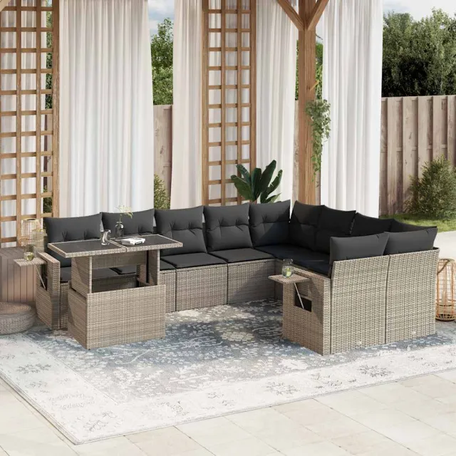 vidaXL 10-delige Loungeset met kussens poly rattan lichtgrijs grijs, foto 2