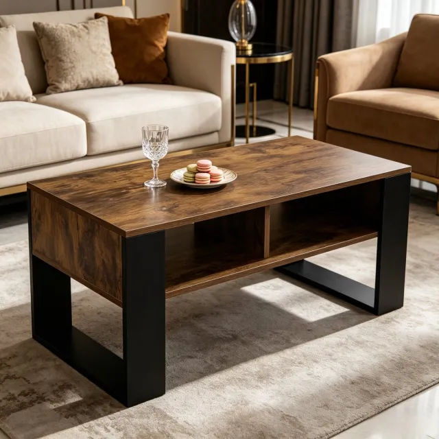 MIVRAY Salontafel - Met Open Opbergvakken En Stevige Constructie - Voor Woonkamer - Hout - 90x45x45 Cm Zwart, Rustiek Bruin