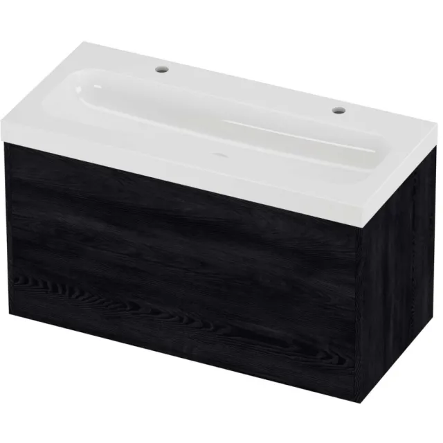 Proline Haga Badmeubel Polystone Mezza 2 Kraangaten Voor Grepen 100x46x58 cm Glans Wit Black Oak Eiken