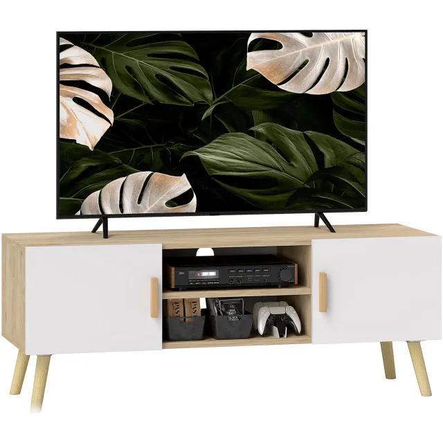 Lunpog TV-meubel, TV-meubel met verstelbare plank, voor tv's tot 50 inch, lengte 110 cm, Mid-Century Modern, voor woonkamer, slaapkamer, Met legplank, 2 opbergkasten en kabeldoorvoeren, eikenkleurig