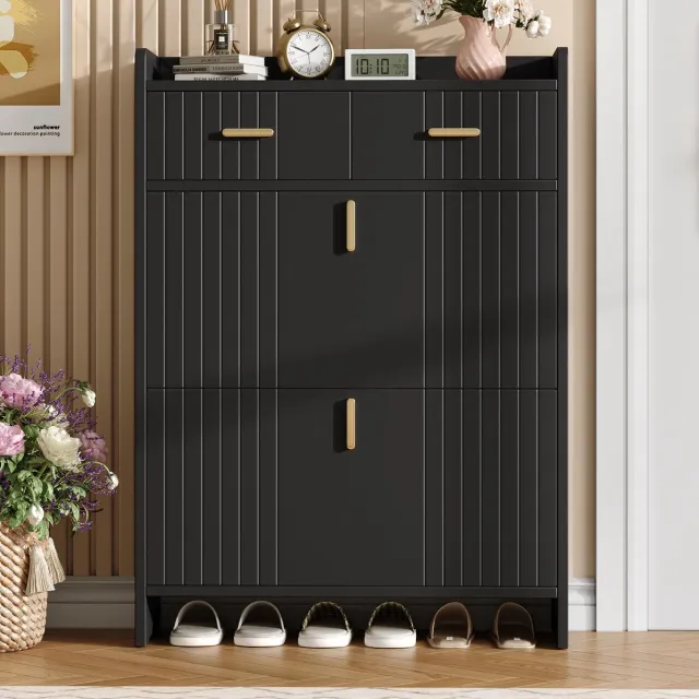 Wishdor Schoenenkast - Smal ontwerp - 2 klapvakken en lade - Modern minimalistisch - Voor hal en entree - Houtlook - Zwart - 75 x 24 x 108,5 cm