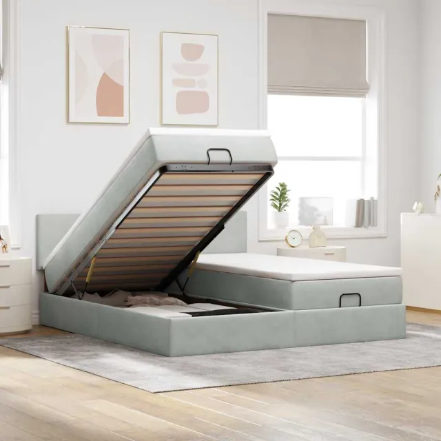 vidaXL Ottoman bed met matrassen 200x200cm fluweel lichtgrijs grijs