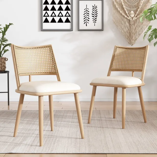 COVREO Eetkamerstoel set van 2 – PU-zitting, Rattan rugleuning, beige