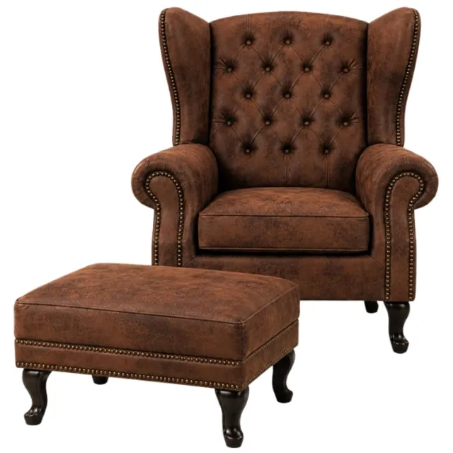 Nova Living Chesterfield Fauteuil met Hocker - Vintage Bruin - Leer - Stoel Chesterfield - Arm Chair - Chesterfield Wing Chair - Set