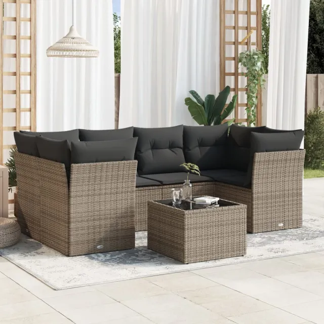 vidaXL 7-delige Loungeset met kussens poly rattan grijs, foto 2