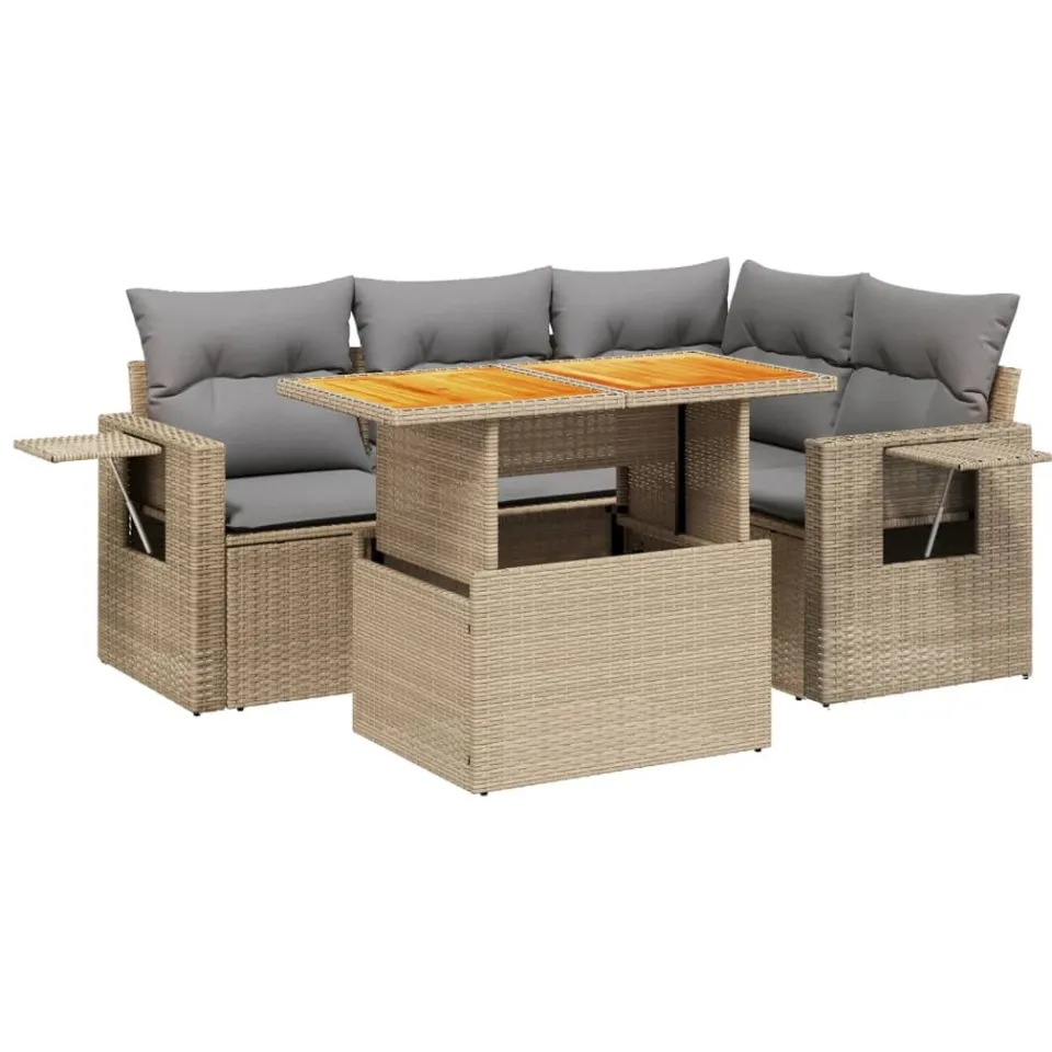 vidaXL 5-delige Loungeset met kussens poly rattan beige, foto 3