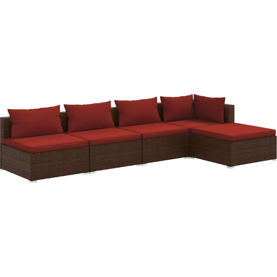 vidaXL 5-delige Loungeset met kussens poly rattan bruin, foto 3