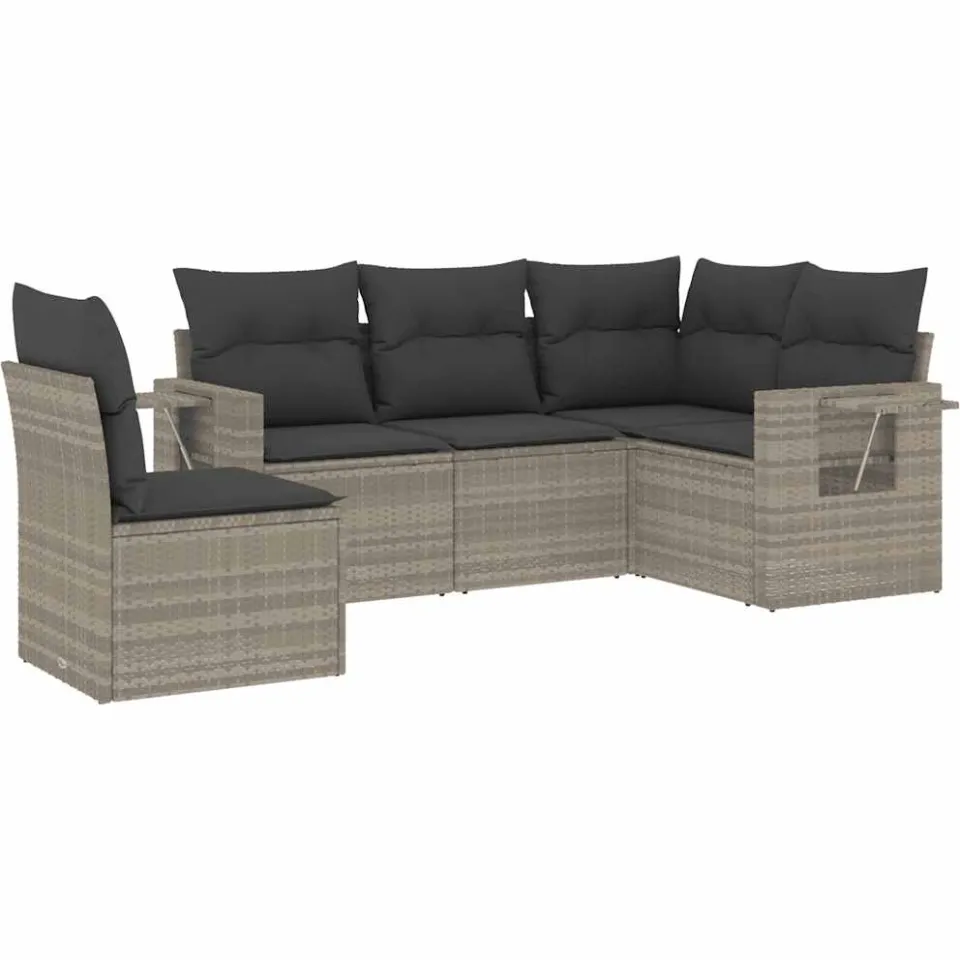 vidaXL 5-delige Loungeset met kussens poly rattan lichtgrijs