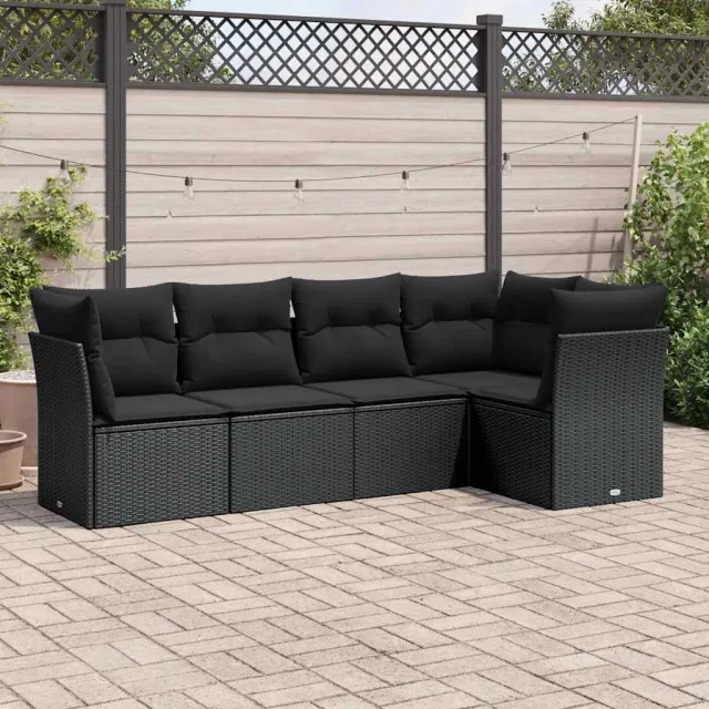 vidaXL 5-delige Loungeset met kussens poly rattan zwart, foto 2