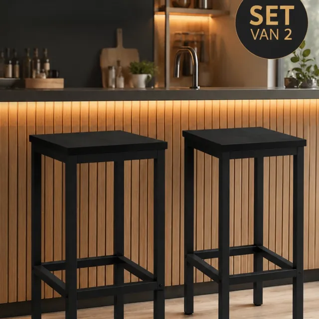 IN-HOMEXL Barkrukken Set van 2 - Industriële Barstoelen voor Keuken en Bar - Houtlook/Zwart - IN-HOMEXL Helpa