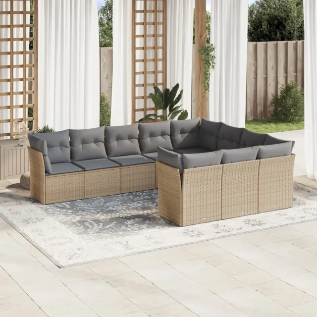 vidaXL 10-delige Loungeset met kussens poly rattan beige, foto 2