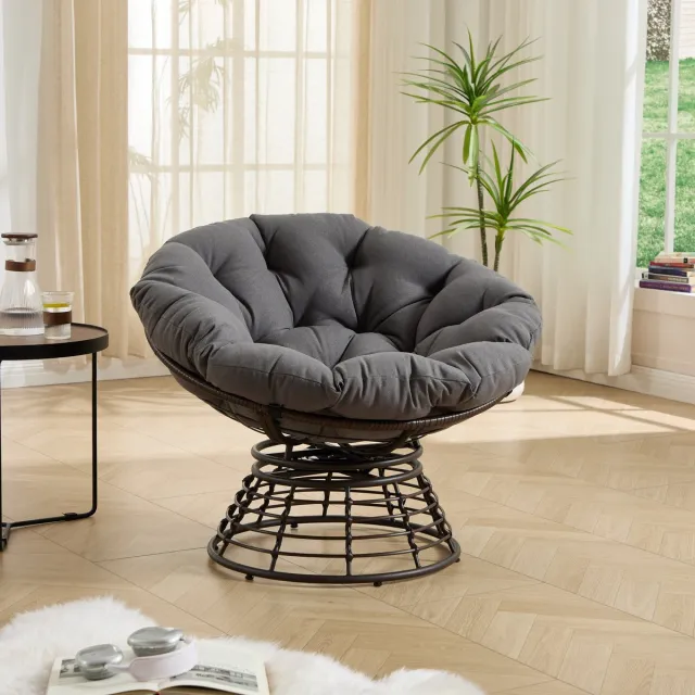 DESMIU Papasan Fauteuil - 92 Cm - 360 Graden Draaibaar Met Dik Zacht Kussen - Voor Woonkamer, Slaapkamer En Leeshoek - Rotan En Metaal - Grijs Grey