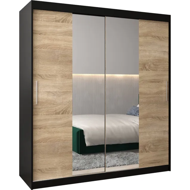 InspireME Kledingkast met 2 schuifdeuren, Modern-stijl, Kledingkast met planken (BxHxD): 180x200x62 - TORM I 180 Zwart Mat + Sonoma Eik