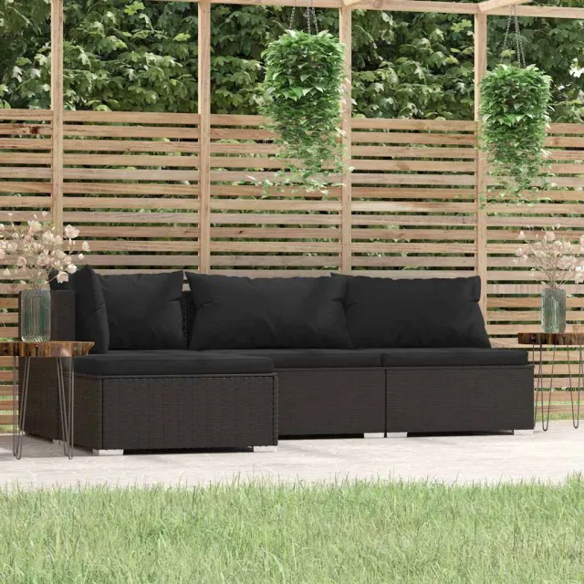 vidaXL 4-delige Loungeset met kussens poly rattan bruin
