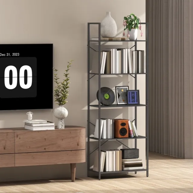 MEUNIQ Boekenkast 60 x 30 x 170,5 cm met 5 open planken, metalen kast met X-vormige achtersteun en verstelbare voetpads, industrieel rek voor woonkamer, kantoor of werkkamer, zwart
