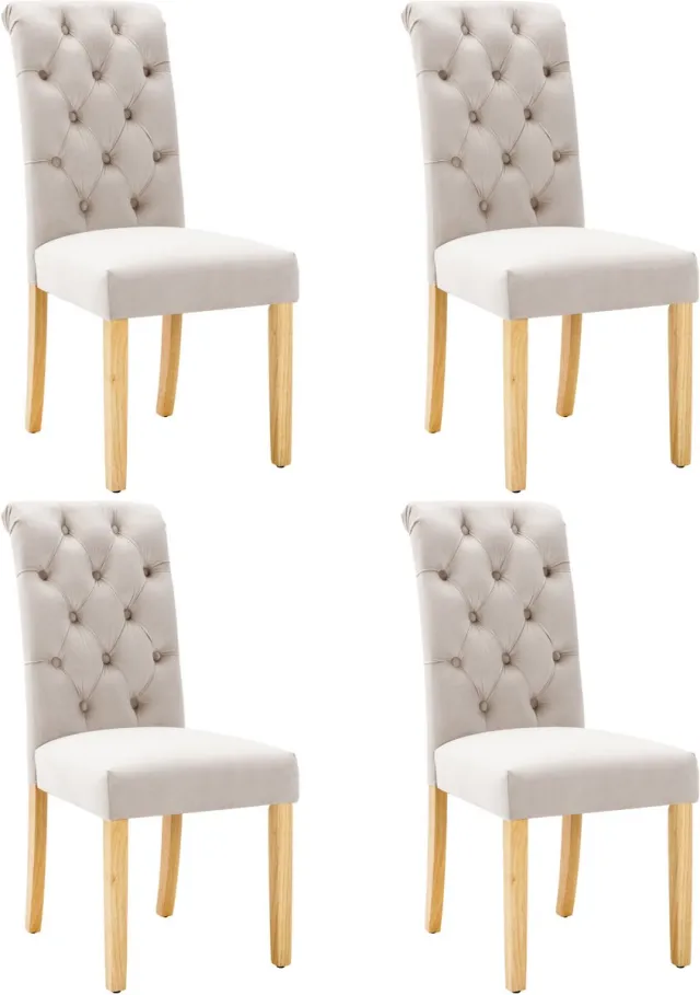 MUVANO Fluwelen eetkamerstoelen set van 4 - beige keukenstoelen met eiken poten - gecapitonneerde stoel - 120 kg - Eetkamer Beige