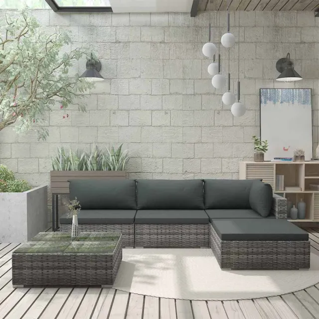vidaXL 5-delige Loungeset met kussens poly rattan grijs, foto 2