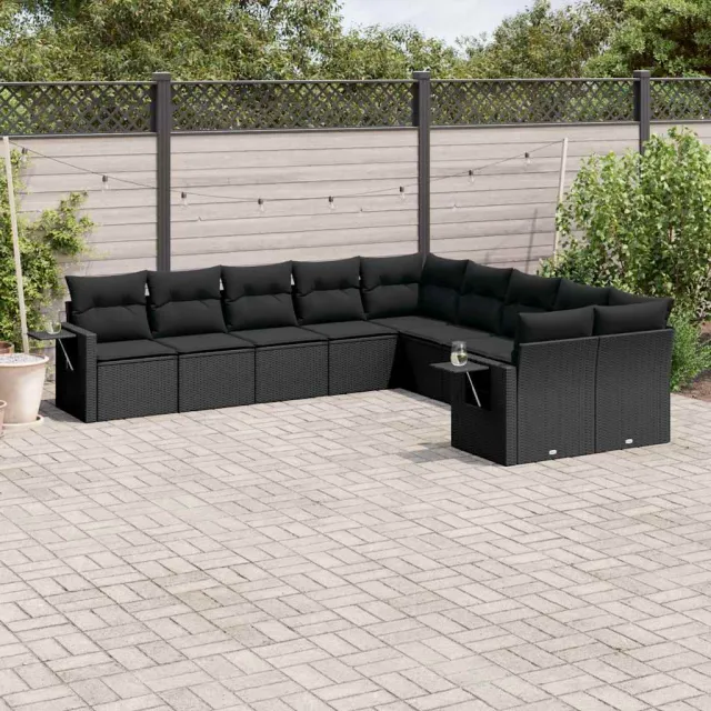 vidaXL 10-delige Loungeset met kussens poly rattan zwart, foto 2