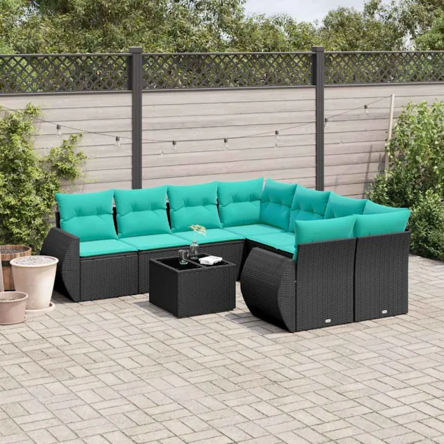 vidaXL 9-delige tuinbankset met kussens van zwart polyrotan, foto 2