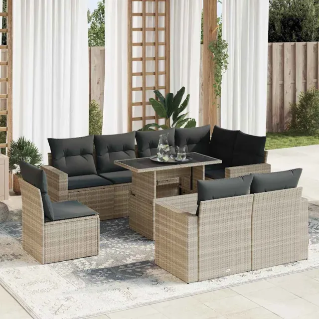 vidaXL 9-delige Loungeset met kussens poly rattan lichtgrijs grijs, foto 2
