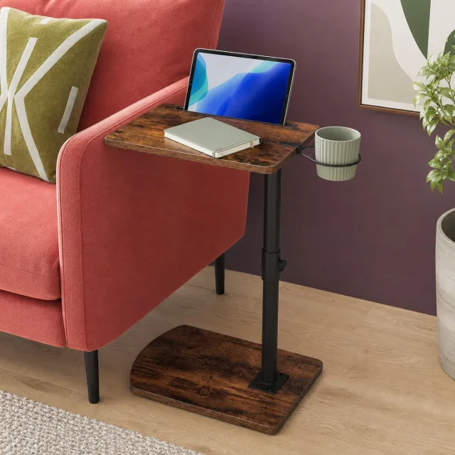 Trankielo C-vormige bijzettafel - In hoogte verstelbaar 45,5-78 cm - 360° draaibaar met bekerhouder en tabletgleuf Vintage Bruin + Zwart