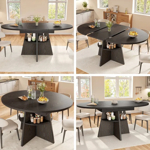 HAUSS SPOLE Eettafel - Uitschuifbaar Met Open Opbergvak - Rond Of Lang Voor Kleine Ruimtes - MDF En Metaal - Zwart