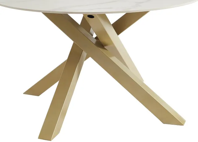 Vente-unique Ronde eettafel voor 4 personen in keramiek en goudkleurig metaal - Witte marmereffect - LENUMIA
