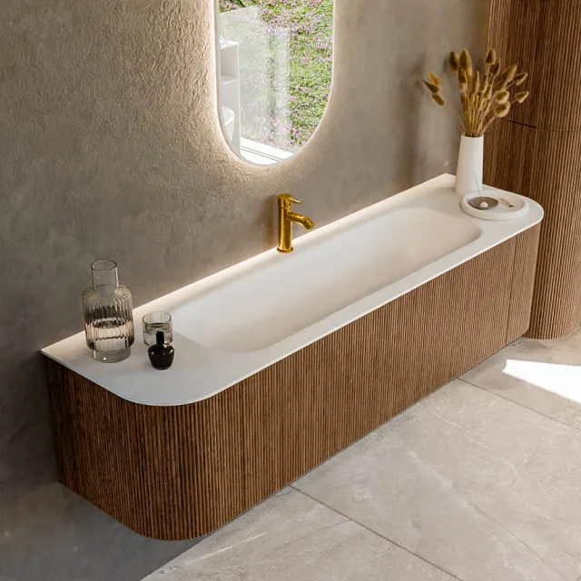 Mondiaz KURVE 170 cm Onderkast Greeploos 1 Lade Met Deuren Walnut, Wastafel Solid Surface Midden Talc 1 Kraangat Zonder Spiegel (KRVBGL170L+R1L2D1KM-Wal/Tal)