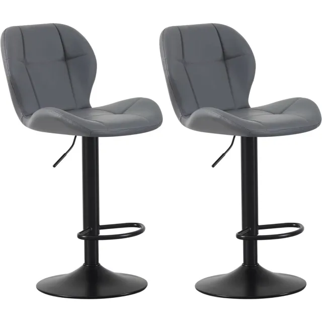 Whoopr® Set van 2 Barkrukken – In Hoogte Verstelbare & Draaibare Barstoelen met Rugleuning – Kunstleren Zitting, Voetsteun & Metalen Onderstel – Voor Keuken, Kookeiland & Bar Grijs