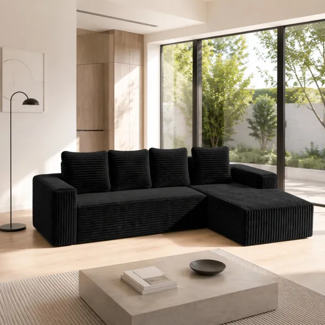 MIVRAY Hoekbank 261 Cm - Modulaire L-Vorm Met Chaise Rechts En 4 Kussens - Voor Woonkamer En Slaapkamer - Corduroy Zwart
