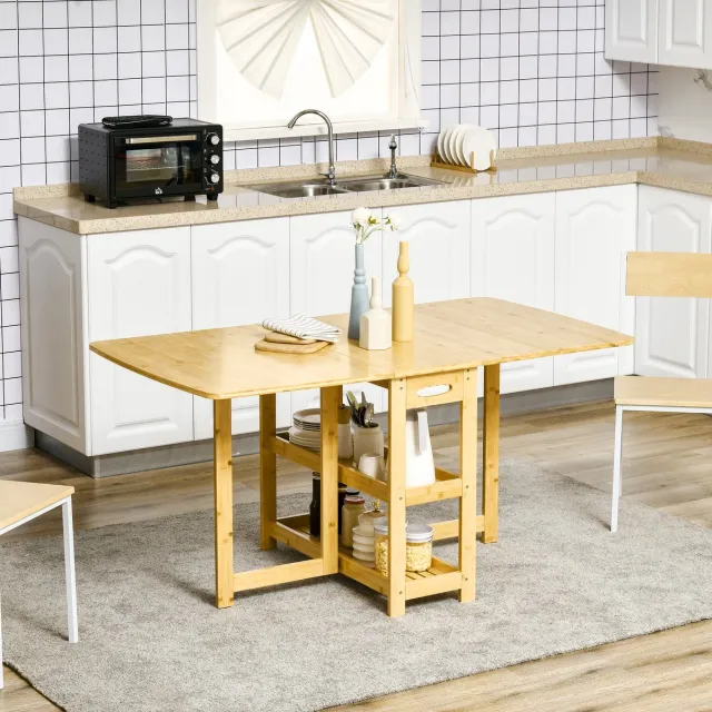 STILVORA Eettafel - Uitklapbaar Met Twee Opbergplanken - Voor Keuken En Woonkamer - Bamboe - 149,5 X 80 X 73,5 Cm - Naturel Hout