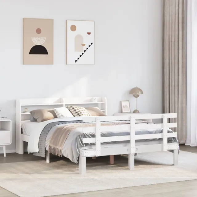 vidaXL Bedframe met hoofdbord massief grenenhout wit 135x190 cm