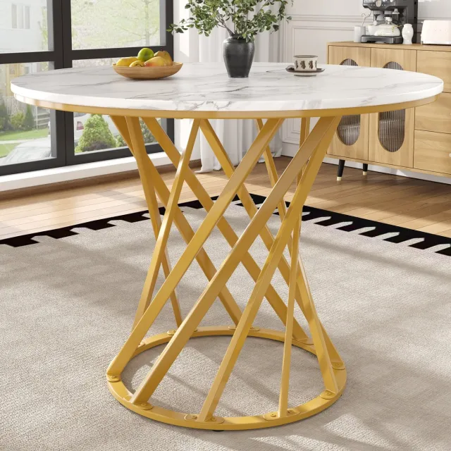 MEUNIQ ronde eettafel 80 x 80 x 76 cm met marmerlook MDF tafelblad en gouden metalen poten, verstelbare poten voor eetkamer, keuken of woonkamer Goud/Wit