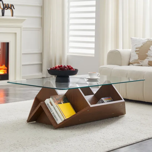 HAUSS SPOLE Salontafel - Gehard Glazen Blad Met Open Opbergvakken - Voor Woonkamer En Kantoor - MDF Walnootkleur - 103x63x33,5 Cm