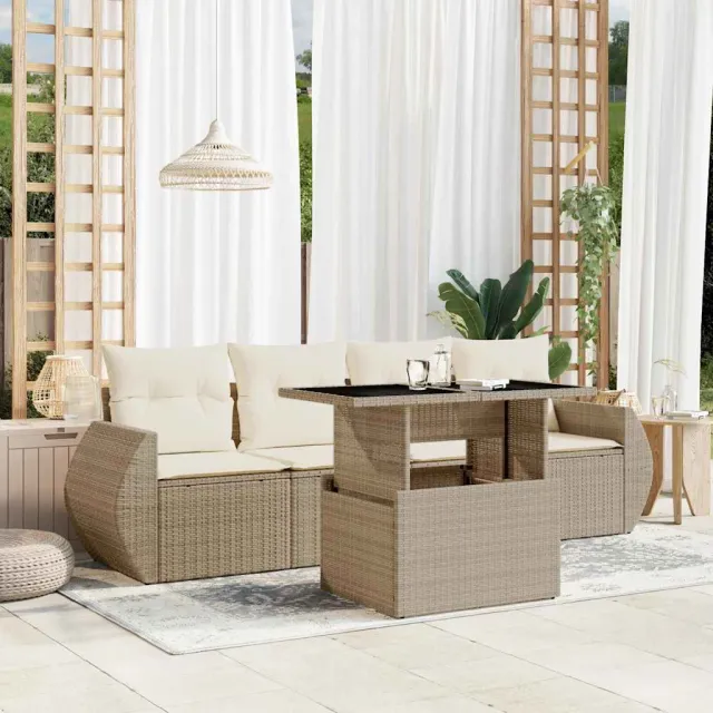vidaXL 5-delige Loungeset met kussens poly rattan beige, foto 2