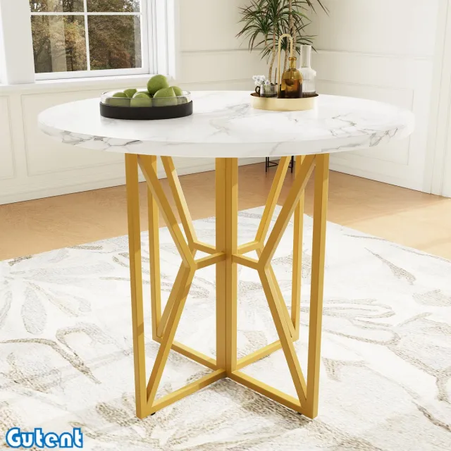 Gutent Ronde eettafel (80 x 80 x 76 cm) — licht en luxe — ronde tafel voor 4-6 personen — Gouden poten — MDF tafelblad Goudkleurig