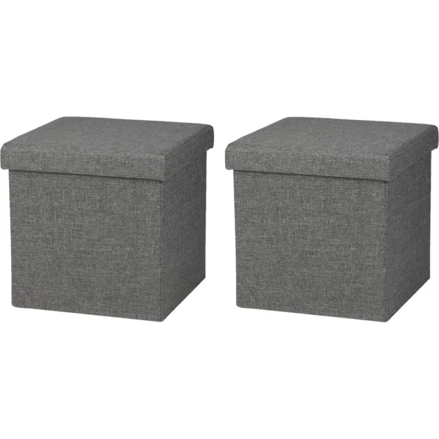 Urban Living Poef/hocker - 2x - opbergbox zit krukje - donkergrijs - linnen/mdf - 37 x 37 cm - opvouwbaar Dark grey