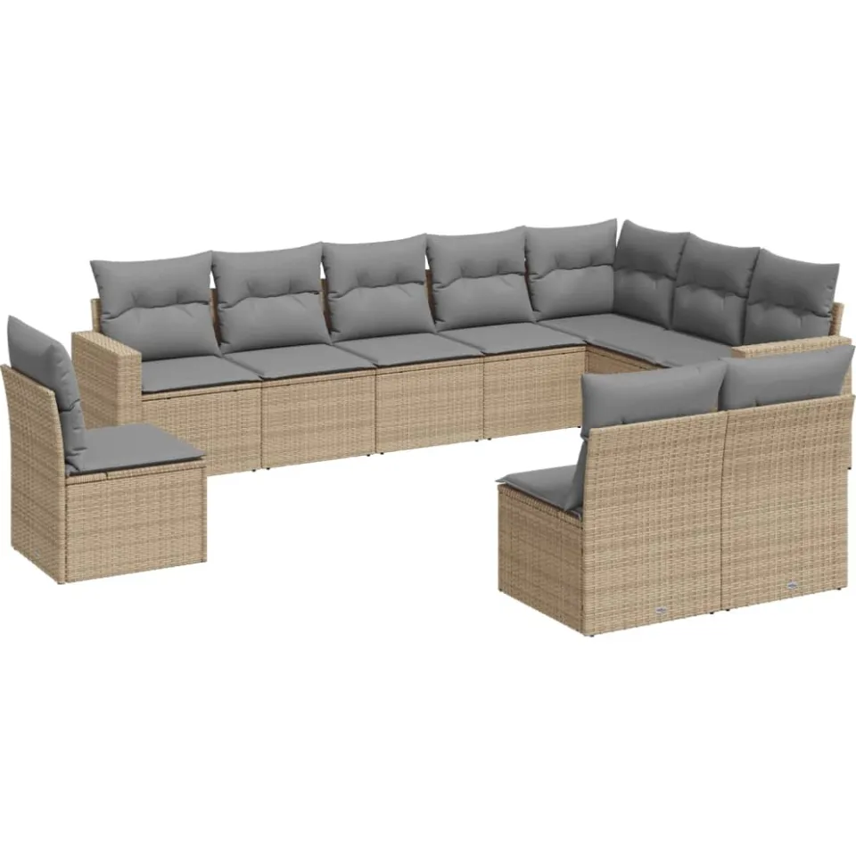 vidaXL 10-delige Loungeset met kussens poly rattan beige, foto 3